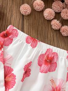 2pcs/Set Girls' Outfit With Large Floral Print, Ruffle Top And Loose Long Pants, Exquisite Ruffle Trim On Neckline And Cuffs, Straight Leg Pants With Elastic Waistband, Comfortable And Fashionable For Spring/Summer - Red and White - View 4