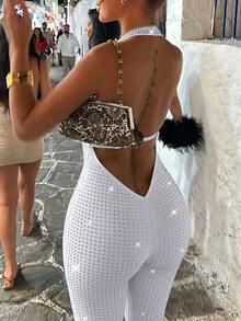 Blazique Rhinestone Halter Neck Slim Fit 3/4 Length Jumpsuit, Backless Sexy Hot Girl Party Outing Outfit White Summer Casual - White - View 6