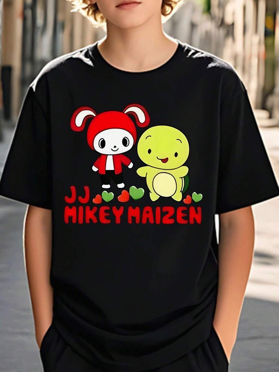 Camiseta para Niños, Ropa Casual a la Moda con Personajes de Dibujos Animados JJ Maizen, Patrón de Corazones Rojos y Verdes, Ropa Infantil para Niños de 5 a 13 Años, Ropa Casual, Regal - Negro - Ver 1