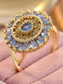 Bohemian Style Sunflower Design Double Layer Blue Synthetic Zirconia Inlaid Ring, Elegant Women's Ring, Sparkling Daily And Party Jewelry Accessory - Gold - View 7