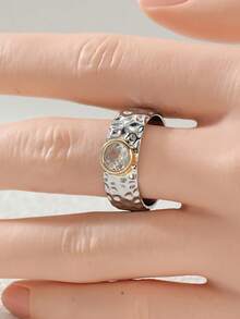 Women's Handmade Hammered Wide Band Ring, Dual-Tone Synthetic Zirconia Inlaid, Minimalist Cool Vibe Daily Commute Ring - Two-color - View 5