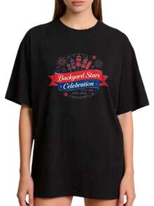 Talla - Camiseta de Cuello Redondo de Corte Holgado para Mujer, Talla, Diseño Patriótico de Fuegos Artificiales para Celebración de Estrellas en el Patio Trasero 1775 2026, Edició - Negro - Ver 1