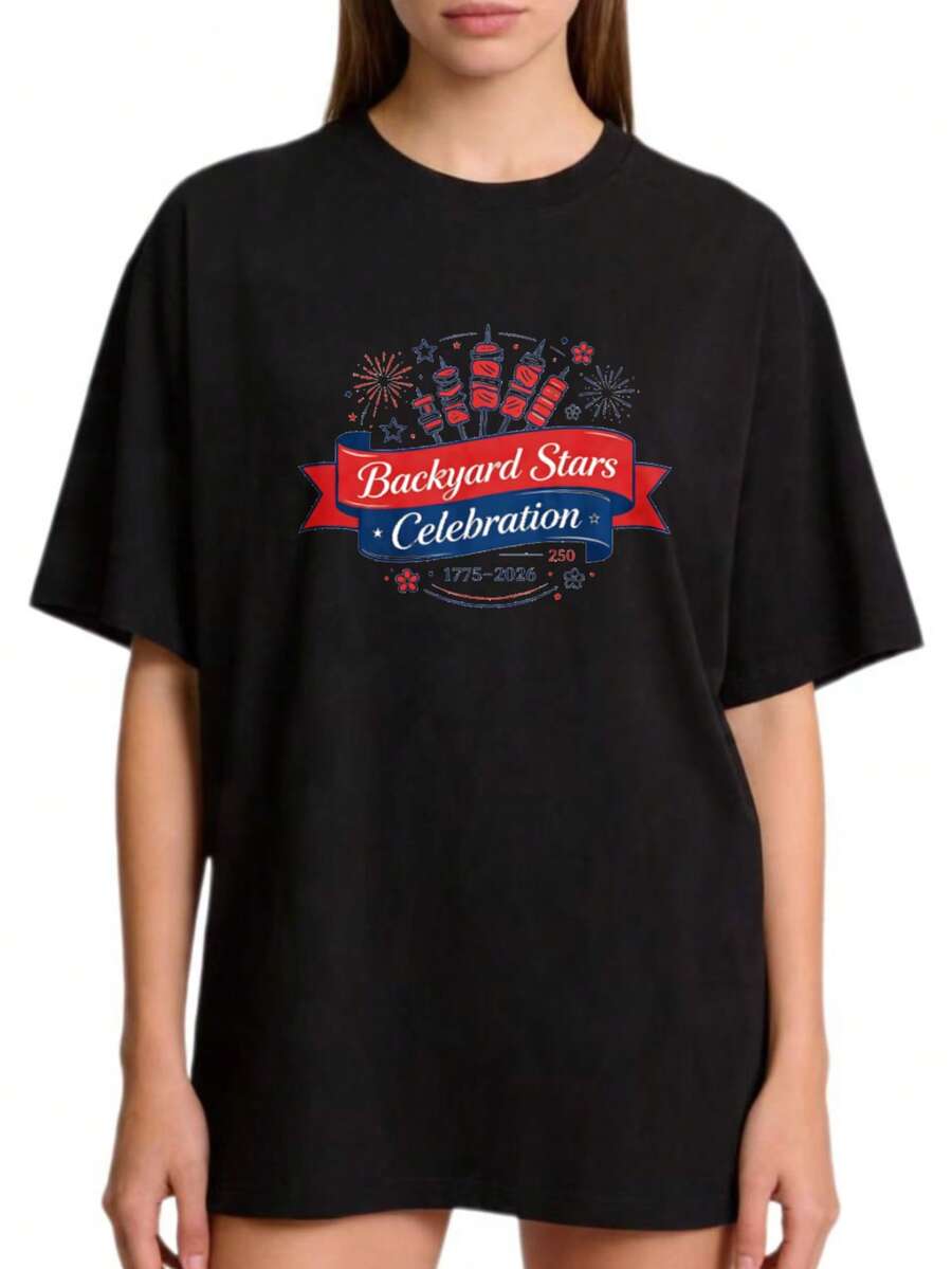 Talla - Camiseta de Cuello Redondo de Corte Holgado para Mujer, Talla, Diseño Patriótico de Fuegos Artificiales para Celebración de Estrellas en el Patio Trasero 1775 2026, Edició - Negro - Ver 1