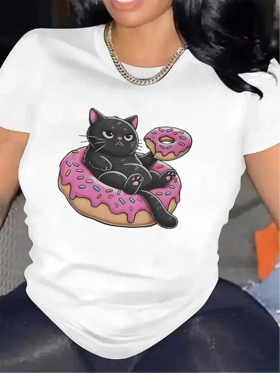 Women's Polyester T-Shirt With Cat On Donut Design, Ideal For Casual Wear In Restaurants Or Living Rooms, Durable And Comfortable Fabric, Perfect Gift For Animal Lovers, Lightweight - 白色 - 查看 1