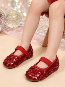 Zapatos planos para niños primavera otoño nuevo estilo niñas exterior casual moda versátil zapatos planos con lentejuelas rojas brillantes zapatos de actuación escolar para niñas zapatos de estudiante zapatos de princesa zapatos de baile para niños - Rojo - Ver 2