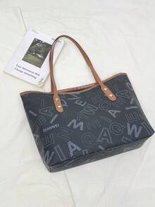 1 pieza Bolso tote de mujer de gran capacidad con decoración de remaches metálicos, bloques de color y monograma, de PU, color negro, nuevo para verano, bolso de hombro - Negro - Ver 4