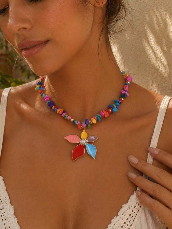 1pc Bohemian Vacation Style Asymmetrical Colorful Stone Choker Necklace With Drip Flower Pendant, Fashionable Women's Neck Jewelry, Suitable For Daily Wear, Summer Vacation, Beach Party, Music Festival, Stone Size, Color, And Quantity Are Random