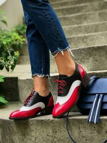 Women Oxfords Pumps Chunky Block Heels Mixed Color Lace Up Ladies' Business Loafers Fashion Comfy Casual Luxury Dress Shoes - 紅色 - 查看 2