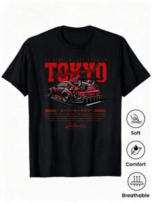 1pc Camisetas para mujer, Camisetas Para Hombre, cuello redondo, estilo urbano juvenil, estampado Tokyo Underground con coche deportivo, para jóvenes y amantes de la cultura street - Negro - Ver 1