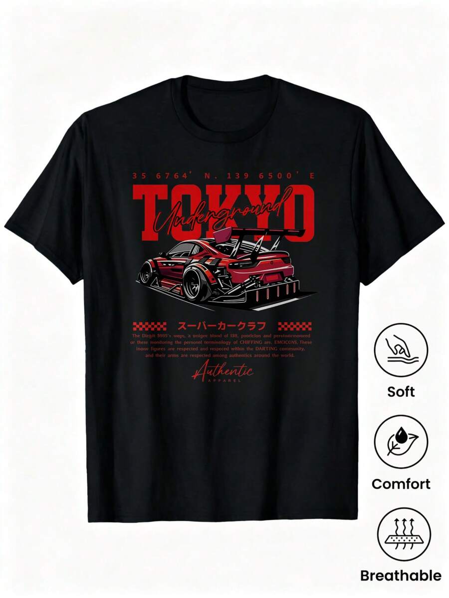 1pc Camisetas para mujer, Camisetas Para Hombre, cuello redondo, estilo urbano juvenil, estampado Tokyo Underground con coche deportivo, para jóvenes y amantes de la cultura street - Negro - Ver 1