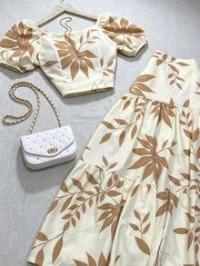 Leaf Print Bohemian Paper Bag Waist Beach Pants Elegant Summer - Multicolor - View 5