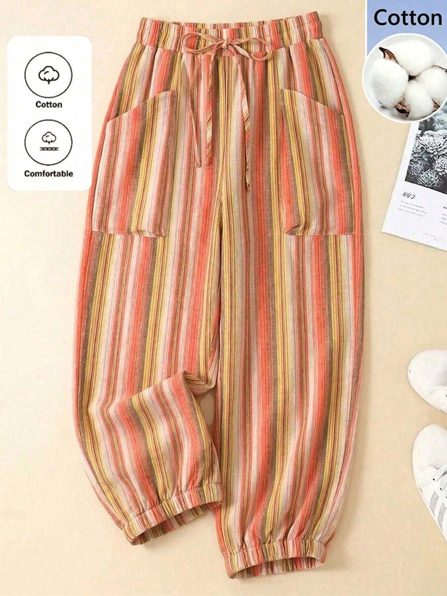 Pantalones casuales sencillos de bolsillo con lazo al frente de unicolor en talla grande, uso casual diario - Naranja Coral - Ver 1