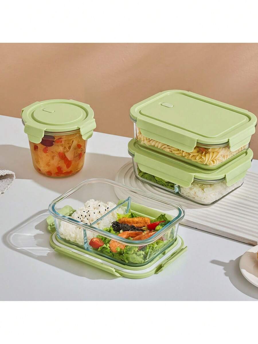 1pc Green Lid Glass Food Storage Container, Divided Meal Prep Box 410/680/1040ml Large Capacity Bento Box, Refrigerator Snack Storage Box, Microwave Kitchen Accessory, Suitable For Dishwasher Detergent Storage, Back To School And Picnic Essential