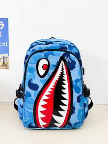 熱銷 6 色時尚個性酷鯊魚印花大容量多口袋尼龍後背包,大學風校園包,多功能背包,附 USB 充電孔,可收納手機、平板、書籍、文具、文件、衣物、折疊傘、水壺等,適合國中、高中、大學生,開學季必備旅行背包,假期出遊必備,開學禮物,送給男士、男友的禮物,情人節、聖誕節適用 - A - 查看 15