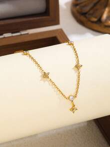 1pc 304 Stainless Steel 18K Gold Plated Four-Pointed Star Rhinestone Y-Shaped Necklace For Women, Luxury Sparkling Dangle Collarbone Chain, Versatile Exquisite Necklace For Daily Wear, Dating And Gift Giving - Yellow Gold - View 4