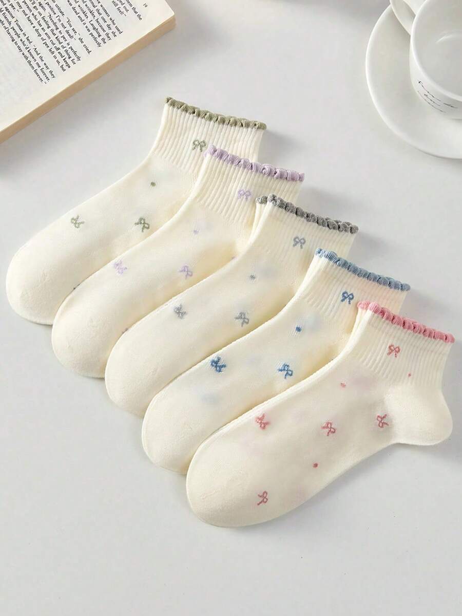 5 Pares de Meias Curtas Casuais e Confortáveis Femininas com Babado e Estampa de Laço - Multicolorido - Visão 1