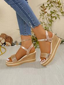 New Women's Classic Fashion Woven Sandals, Comfortable Versatile Daily High Thick Platform Wedge Sandals - Champagne - View 5