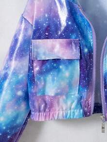 Girls' Casual Fashion Starry Gradient Shiny Short Zip-Up Hooded Jacket With Pockets For Spring And Autumn - Blue - View 6