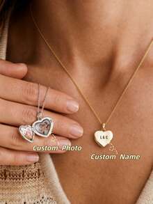 1PC Personalized Heart Locket Necklace, Stainless Steel Heart Locket Necklace, Openable Locket Necklace, Customizable 1-2 Photos And Text, Custom Photo And Text, Laser Engraved Text, Color Printed Photo, Custom Stainless Steel O-Chain Necklace, Exquisite Heart Locket Necklace, Graduation Gift, Birthday Gift, Couple Gift, Anniversary Gift, Best Friend Gift - Customized Heart-shaped Photo Box Necklace - View 2