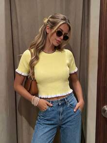 Women's Elegant Holiday/Graduation Knit Top, Casual Short Sleeve Cream Yellow Ruffle Hem Knit Pullover Sweater, Summer - Yellow - View 11