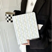 1 Piece Light Grey Vertical Stripe Tiny Floral - Multi-Angle Stand Protective Cover With Pen Holder Compatible With IPad 10th Generation 10.9-Inch 2022 Smart Case/ Air 13(M3 2025)/ Air 11/ 11(A16 2025)/Galaxy Tab S10+/S9/A9,Compatible With Oppo Pad,Compatible With Huawei Matepad,Compatible With Vivo Pad,Compatible With Honor Pad,Compatible With Lenovo Xiaoxin Pad - Multicolor - View 2