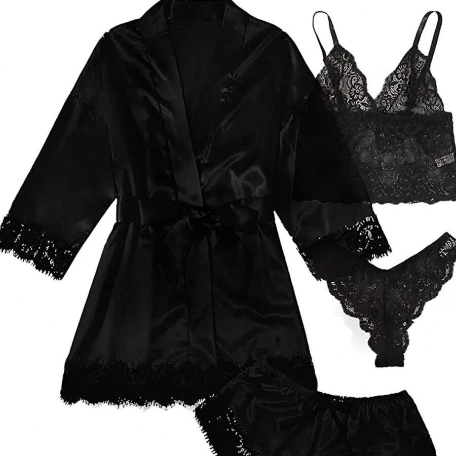 Pijamas sexys para mujer, camisones, lencería, pantalones cortos, camisola de encaje de 4 piezas, conjunto de pijama, bata para el hogar, camisones, ropa de ocio - Negro - Ver 1