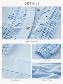 Simplee Vestido de mujer de unicolor minimalista con parche de encaje, cierre con botones delanteros, elegante para primavera/verano - Azul - Ver 5