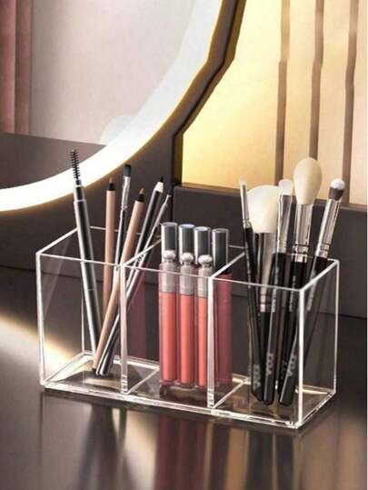 1pc Transparent Makeup Brush Storage Box, Desktop Beauty Organizer, Can Store Lipsticks, Eyebrow Pencils, Skincare Products And Other Beauty Supplies.