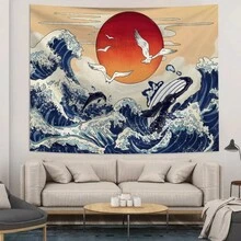 1pc Seagull Wave Sun Bohemian Style Printed Tapestry, Includes 3 Wall Nails And 2 Clips, Printed Rectangular Bedroom Wall Decor Hanging Cloth With Drape - Multicolor - View 6
