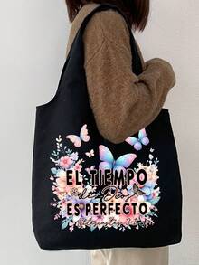印花帆布肩背包 + 黑色小包，印有蝴蝶、花卉圖案和「El Tiemeo De Dioses Perbedo」字母，便攜休閒收納托特包，旅行便利收納包，大容量旅行化妝包，手提包，旅行包，多功能購物包，適合購物、婚禮、生日、海灘、假期、開學、聖誕節、感恩節、新年禮物 - 彩色 - 查看 6