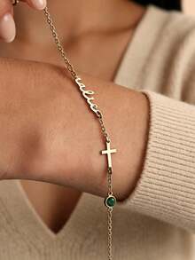 1pc Personalized Name Cross Bracelet With Birthstone, Delicate Gold Cross Bracelet, Mother's Day Gift, Customized Name Bracelet, Easter Gift, Personalized Gift, Customized Gift, Gift For Loved Ones, Gift For Partners, Personalized Birthday Flower, Anniversary Gift - Multicolor - View 3