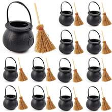 24pcs/Set Mini Plastic Cauldron With Mini Witch Broom, Black Witch Cauldron Bucket With Handle, Children's Halloween Candy St. Patrick's Day Coin Storage Box And Party Gift (12 Cauldrons + 12 Brooms) - Multiple Styles - View 1