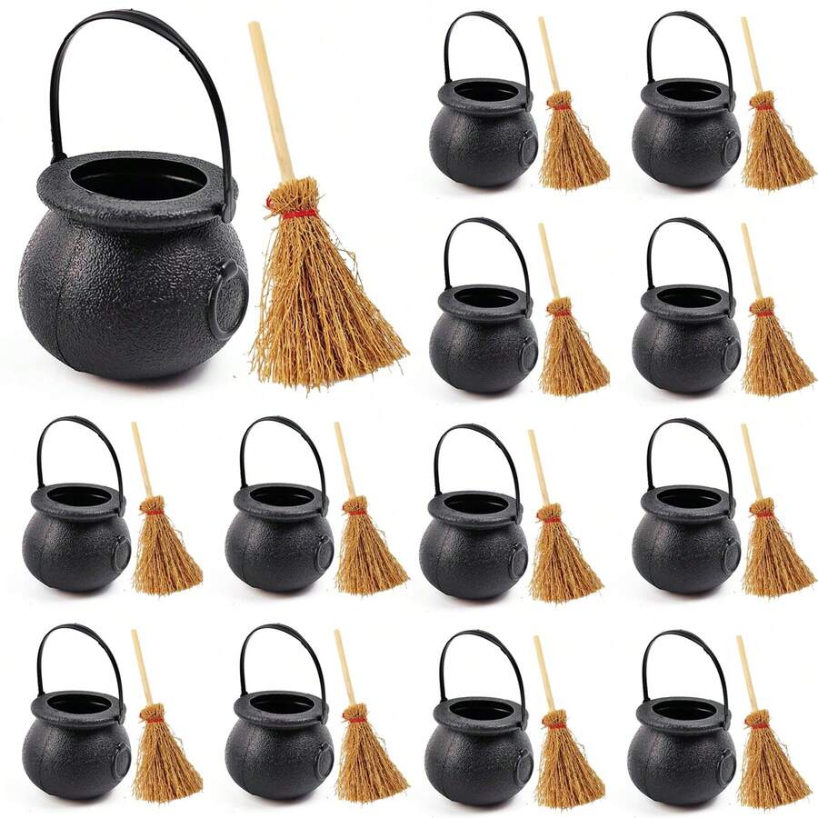 24pcs/Set Mini Plastic Cauldron With Mini Witch Broom, Black Witch Cauldron Bucket With Handle, Children's Halloween Candy St. Patrick's Day Coin Storage Box And Party Gift (12 Cauldrons + 12 Brooms) - Multiple Styles - View 1