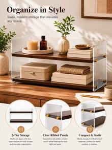 1pc Double-Layer Expandable Desktop Storage Rack, Wavy Transparent Acrylic & Wooden Organizer, Minimalist Rectangular Open Shelf With Gold Accessories, Multi-Functional Tabletop Storage Rack For Cosmetics, Kitchen, Bathroom, Coffee Corner, Desk - Brown - View 3