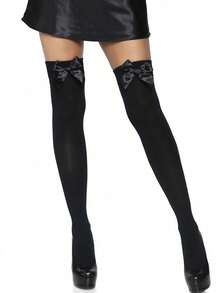 1 Pair Women's Cute Multi-Color Bow Knee-High Socks, Thigh-High Socks, Bow Design, Solid Color Knee-High Socks, Suitable For K-Uniform, Daily Wear, Multiple Colors Available, One Size Fits All - Multicolor - View 3