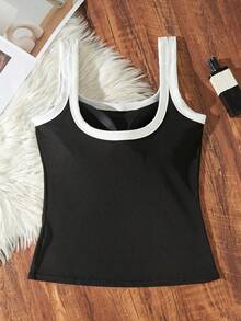 1pc All-Season Large U-Back Contrast Color Ribbed Tank Top, 2-In-1 Built-In Padded Sports Yoga Tank, Versatile Outerwear & Base Layer - Black - View 6