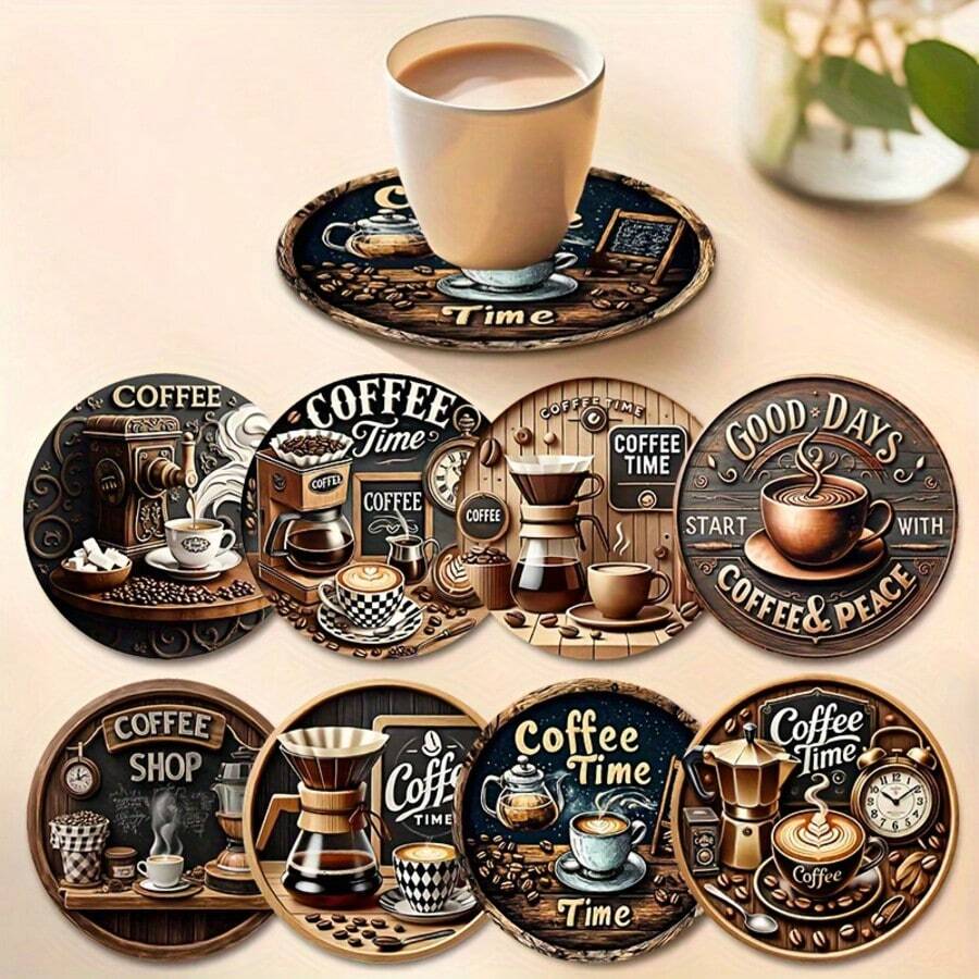 1 Set Coffee Cup Design Wooden Non-Slip Coasters, Home Kitchen Decor Accessories, Cute And Affordable Small Items, Outdoor Garden Supplies, Suitable For Various Holiday Parties, Wedding Accessories, Thanksgiving, Back To School Decoration Gifts - Multicolor B - View 1