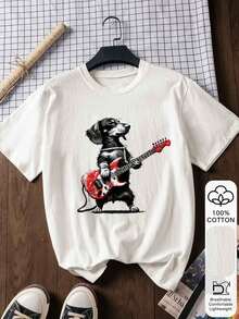 Camiseta de manga corta 100% algodón para mujer, con estampado de perro tocando la guitarra, estilo casual, camiseta gráfica, para verano, uso al aire libre, regreso a clases, color blanco. - Blanco - Ver 1
