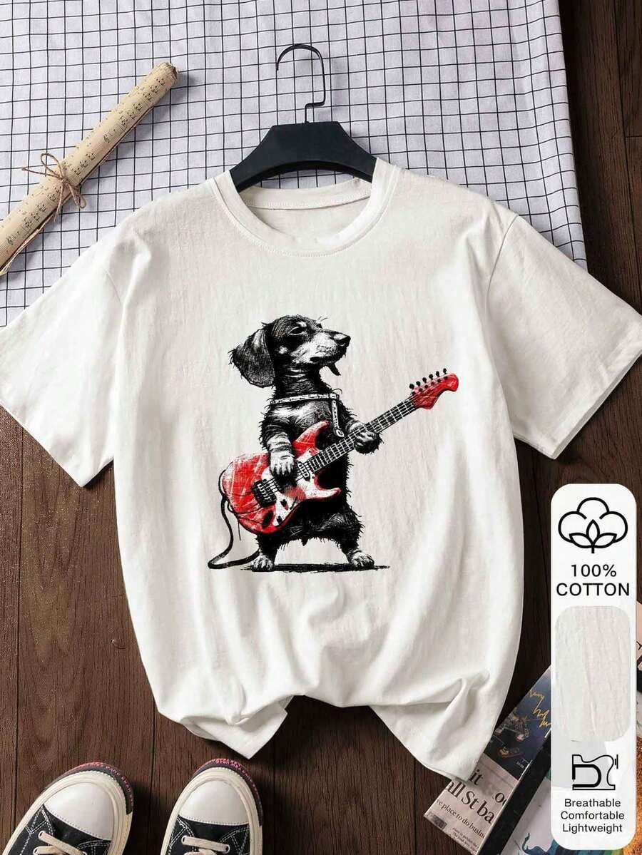 Camiseta de manga corta 100% algodón para mujer, con estampado de perro tocando la guitarra, estilo casual, camiseta gráfica, para verano, uso al aire libre, regreso a clases, color blanco. - Blanco - Ver 1