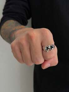 1pc Y2K Style Double Star Enamel Open Ring, Silver Base With Colorful Stars, Adjustable Size, Punk Hip-Hop Style Statement Ring, Unisex - Oil-drip Five-pointed Star Open Ring - View 3