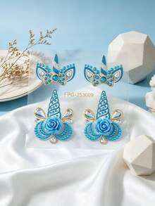 1pc Blue Unicorn Flower Face Rhinestone Sticker, Teardrop Colorful Rhinestone + Flower Style, Waterproof Long-Lasting Brow Center Sticker, Music Festival Party / Sweet Cool Hot Girl Makeup Accent - Multicolor - View 7