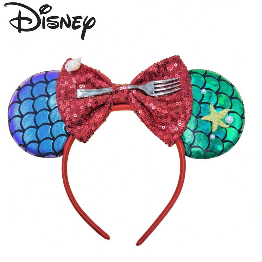 Disney Mermaid Theme Fish Scale Shiny Headband, Red Glitter Bow, Fork, Shell, Starfish, Pearl Decor Amusement Park Hair Accessory - View 1