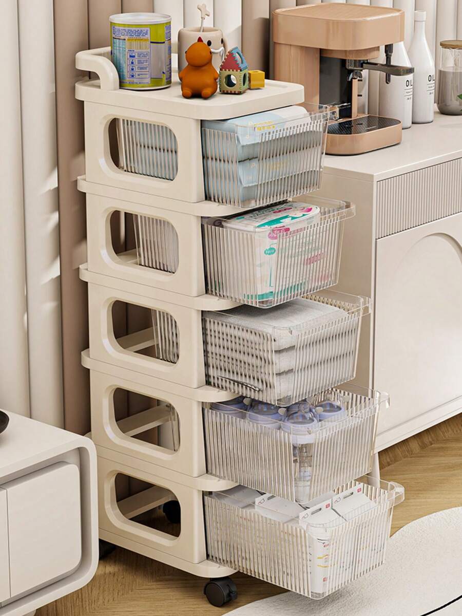 3 Tiers Rolling Storage Cabinet With Wheels Portable Cart Bedside Table Nightstand Small Dresser Bedroom Living Room Kitchen Organizer Drawer Rack Stand Unit Storage Solution Furniture Home Decor - Clear - View 1