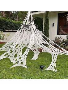 Giant Spider Web Outdoor Decor, Horror Spider Web Decoration, White Hollow Mesh Asymmetrical Hole Shape + Can Be Paired With Realistic Spiders (Spiders Not Included) / Ground Pegs For Fixing + Used For Outdoor Lawn And Porch Scene Arrangement - Multicolor - View 4