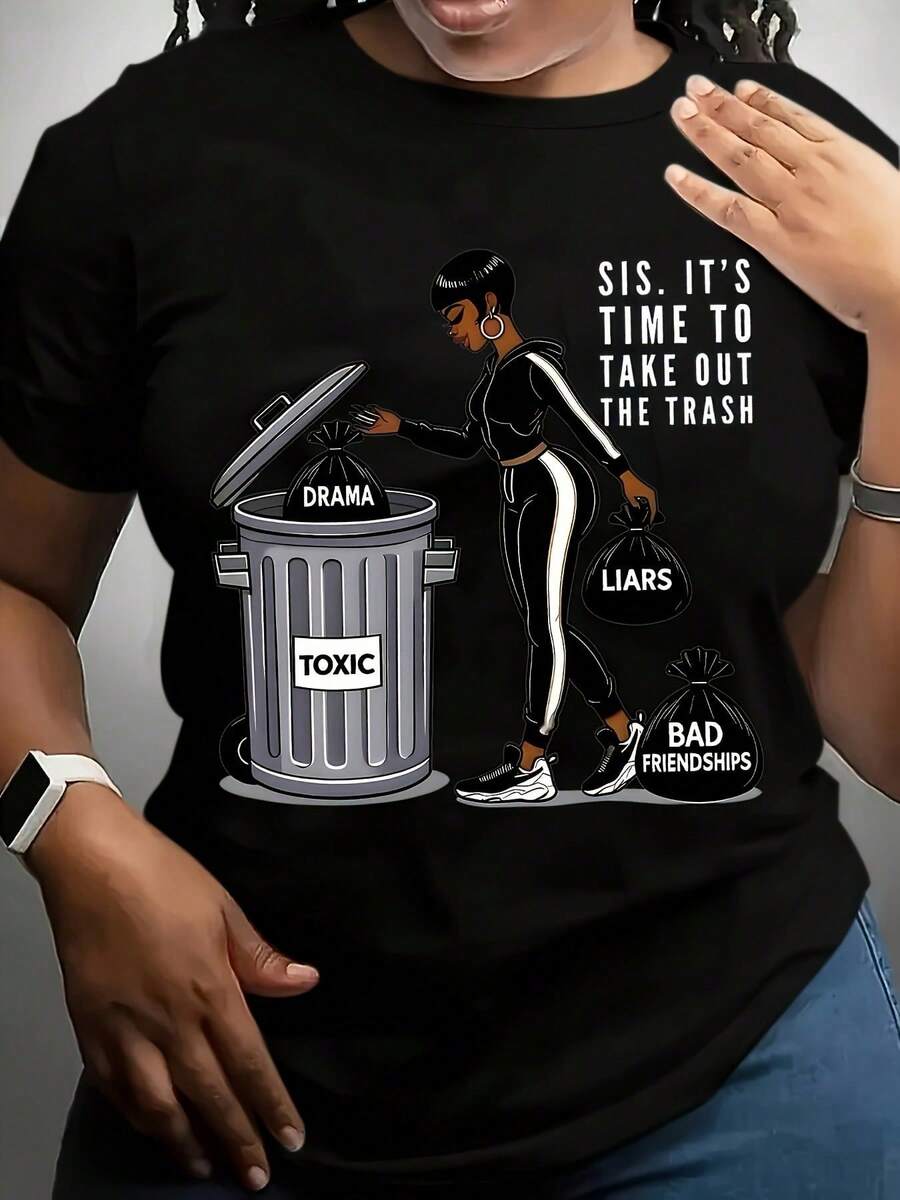 Camiseta gráfica divertida para hombres y mujeres: Es hora de desechar la basura - Diseño divertido con símbolos de basura y reciclaje, cuello redondo de manga corta en negro casual, materia - Negro - Ver 1