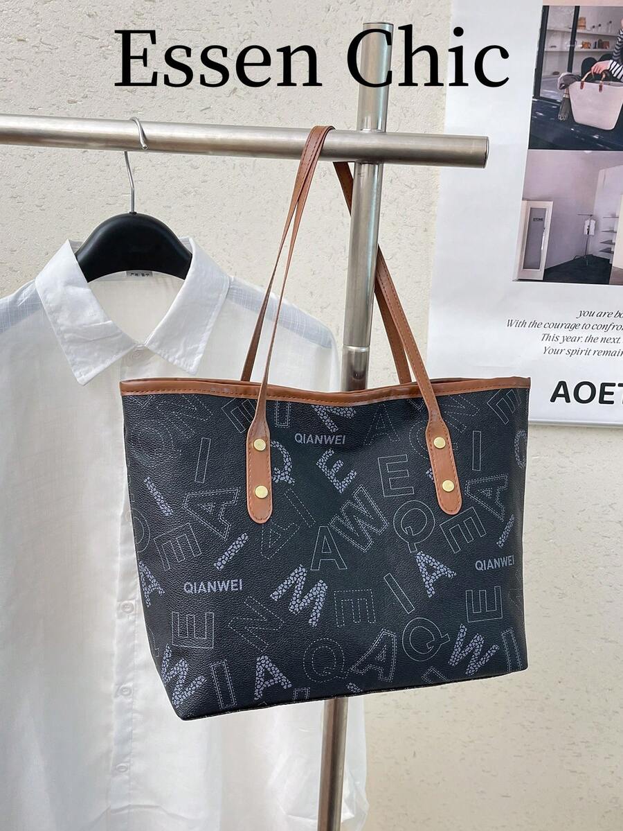 1 pieza Bolso tote de mujer de gran capacidad con decoración de remaches metálicos, bloques de color y monograma, de PU, color negro, nuevo para verano, bolso de hombro - Negro - Ver 1