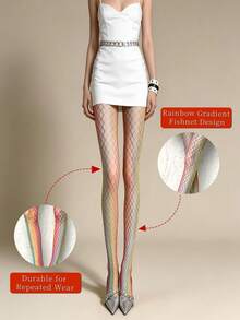 Rainbow Gradient Fishnet Thigh High Stockings, Colorful Hollow Mesh Over-The-Knee Socks, Fashion Nightclub Party Cosplay Women's Hosiery, 1/2 Pairs - Multicolor - View 8