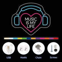 Music Is My Life 耳機愛心 LED 霓虹燈牌,創意音樂金句霓虹燈,USB 供電壁掛裝飾燈,適用於臥室、遊戲室、音樂工作室、酒吧、咖啡廳,音樂愛好者的理想新穎禮物,室內派對與節慶裝飾 - Music Is My Life - 查看 9
