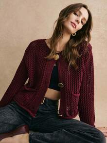 Women's Textured Open Knit Cardigan, Crew Neck Drop Shoulder Long Sleeve Gold Button Front Loose Casual Sweater Jacket Vacation Fall - Burgundy - View 3