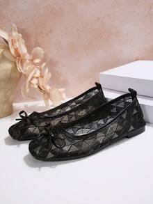 Women's Square Toe Lace Ballet Flats, Elegant Bow Decor Breathable Mesh Slip-On Flat Shoes, Casual Daily Commute Soft Sole Walking Shoes - Black - View 7